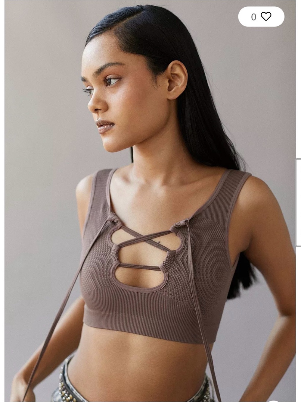 Urban Outfitters Ribbed Lace-Up Crop Top - Brown Taupe